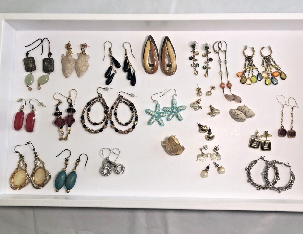 Lot of 24 Earrings Pierced Drop Dangle Hoops studs Boho coastal western